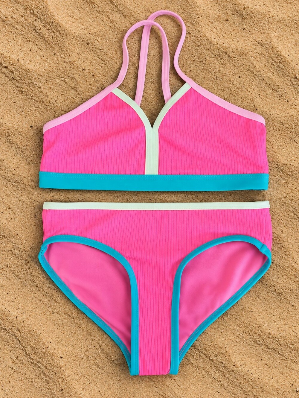 Justice Girls 7/8 Pink Color Block Ribbed 2 Piece Bikini NWT